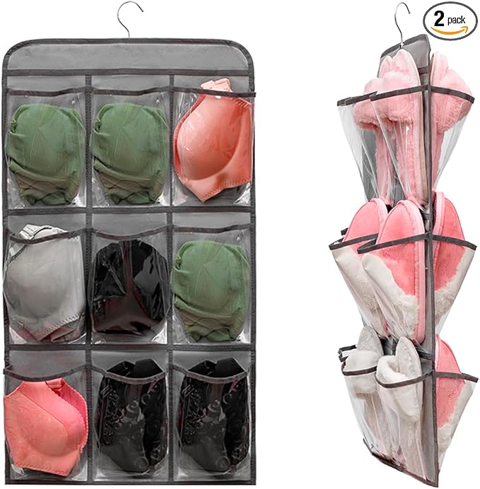 2 Pcs Closet Organizer Dual Sided Hanging Shoe Storage Bag Underwear Socks Holder with 18 Pockets (CLEAR POCKETS)-NeatNest