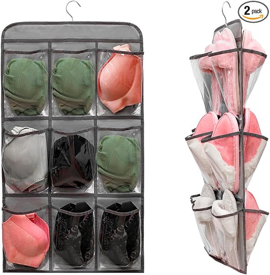 2 Pcs Closet Organizer Dual Sided Hanging Shoe Storage Bag Underwear Socks Holder with 18 Pockets (CLEAR POCKETS)-NeatNest