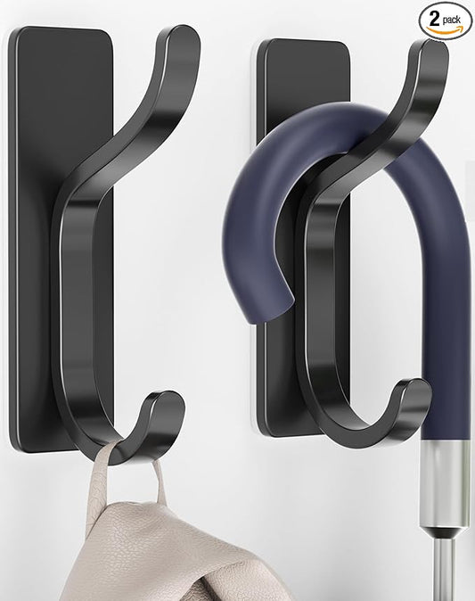 Adhesive Wall Hooks for Hanging: 2-Pack Coat Hooks for Towel, Hat, Purse, Clothes, Keys, Backpack, Stick On Hangers for Door, Kitchen, Dorm, RV, Bathroom, Shower, Hold 13 lb, Stainless, Black