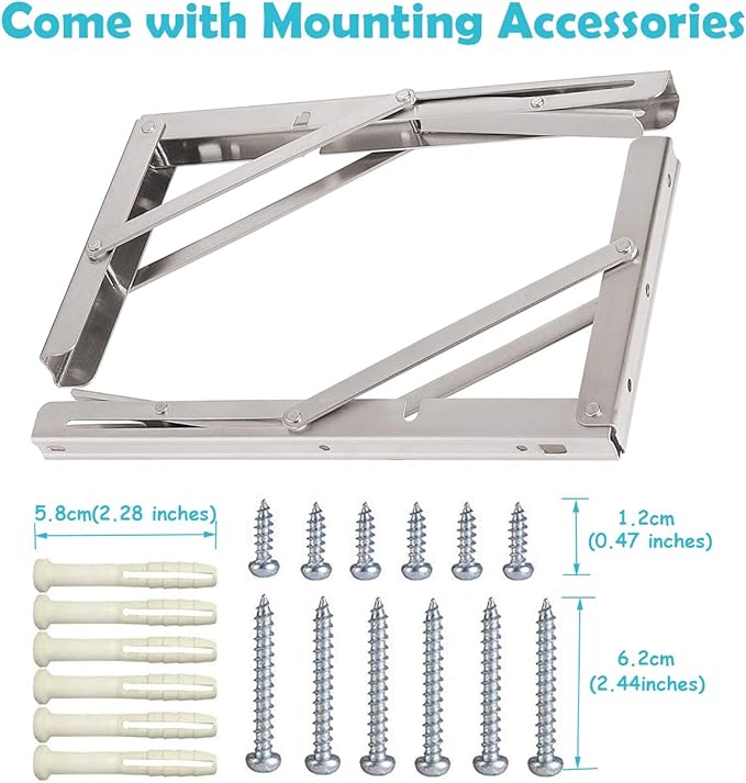 8" Folding Shelf Brackets Max. Load 220 lb, Heavy Duty DIY Wall Mounted Shelf Bracket Space Saving for Table Work Bench, Pack of 2