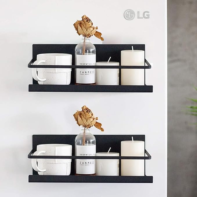 2Pcs Fridge Spice Rack Organizer Single Tier Magnetic Refrigerator Spice Storage Magnet Shelf, Black