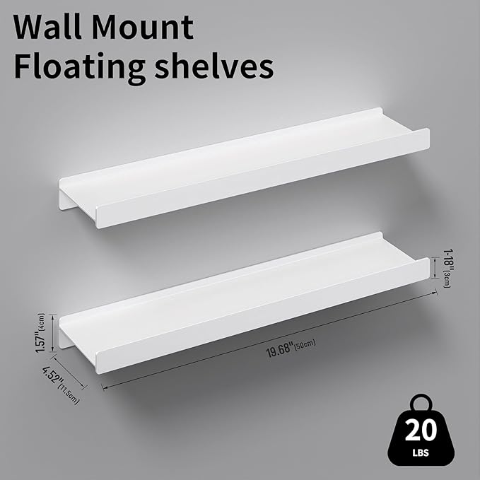 Floating Shelves for Wall, Wall Mounted Shelves with Lip for Storage, Metal Display Shelves for Home Decor, Kitchen/Living Room/Bedroom/Bathroom Shelf, White 20 inch 2 Pack-NeatNest