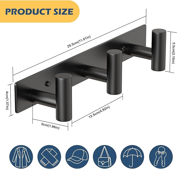 HUFEEOH Coat Hooks Wall Mount, Stainless Steel 3 Hooks Towel Hooks Black T Shaped Coat Hanger Wall Mount, Heavy Duty Wall Hooks Purse Rack for Hanging