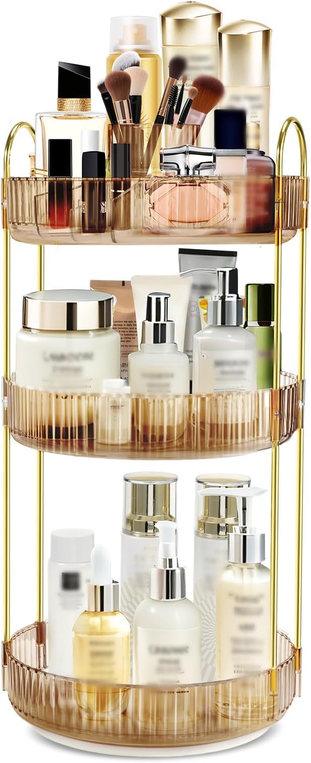 360 Rotating Makeup Organizer for Vanity,3 Tier Large Capacity Skincare Organizers,Bathroom Counter Organizer, transparent Spinning Perfume Organizer & Vanity Organizer (NEW-GOLD, 3 Tier)-NeatNest