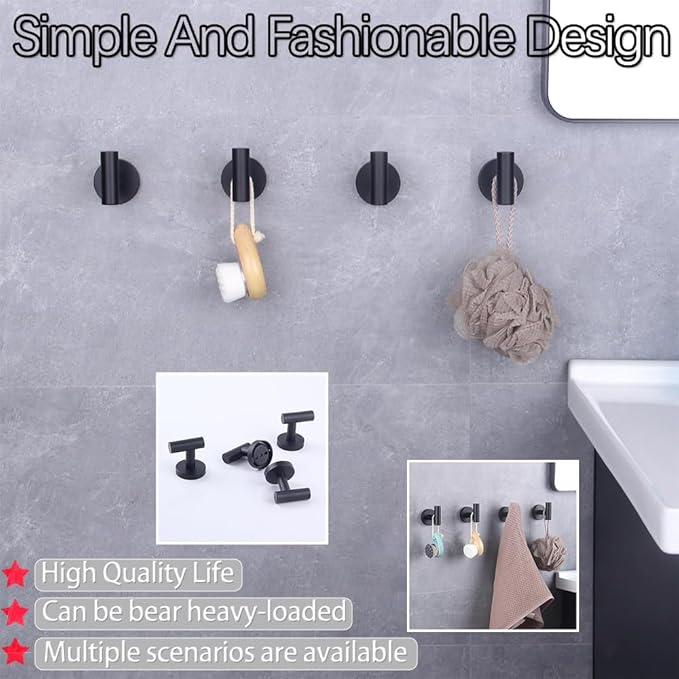 GERZWY Bathroom Matte Black Coat Hook SUS 304 Stainless Steel Towel/Robe Clothes Hook for Bath Kitchen Modern Hotel Style Wall Mounted 4 Pack AG1307B-BK