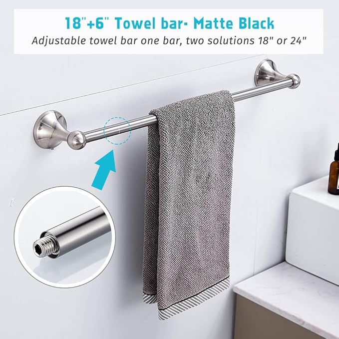 8 Piece Bathroom Accessory Set(Adjustable Towel Bar, Towel Ring, Toilet Paper Holder,Towel Hook), Wall Mounted Bathroom Hardware Accessories Set,Brushed Nickel