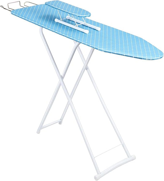 Compact and Space-Saving Ironing Board - 4-Leg Full-Size Folding, Adjustable Height, Extended Outside With Removable Heat-Resistant Cover, Blue