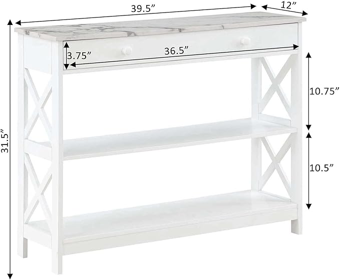 Convenience Concepts Oxford 1 Drawer Console Table with Shelves, White Faux Marble/White-NeatNest