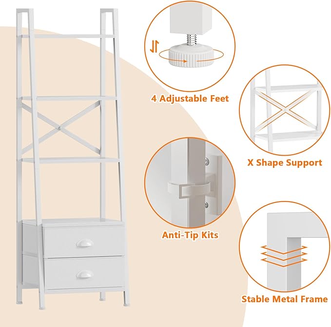 Furologee 4-Tier Ladder Shelf,Small Bookshelf with 2 Drawers,Vertical Bookcase Storage Rack Organizer,Rustic Bookshelves for Living Room,Bedroom,Bathroom,Home Office,Kitchen,White