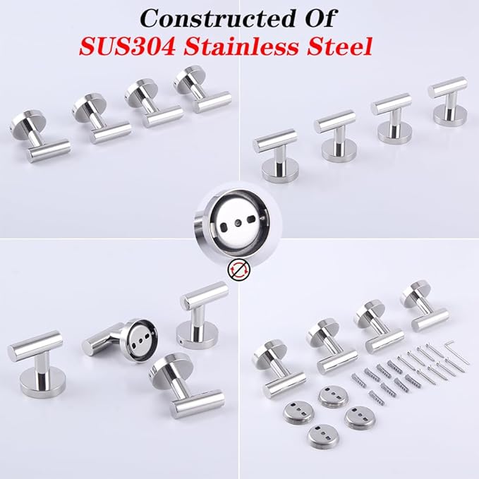 GERZWY Bathroom Towel Hook SUS 304 Stainless Steel Coat/Robe Clothes Hook for Bath Kitchen Modern Hotel Style Wall Mounted 4 Pack Polished Finish AG1307B-JG