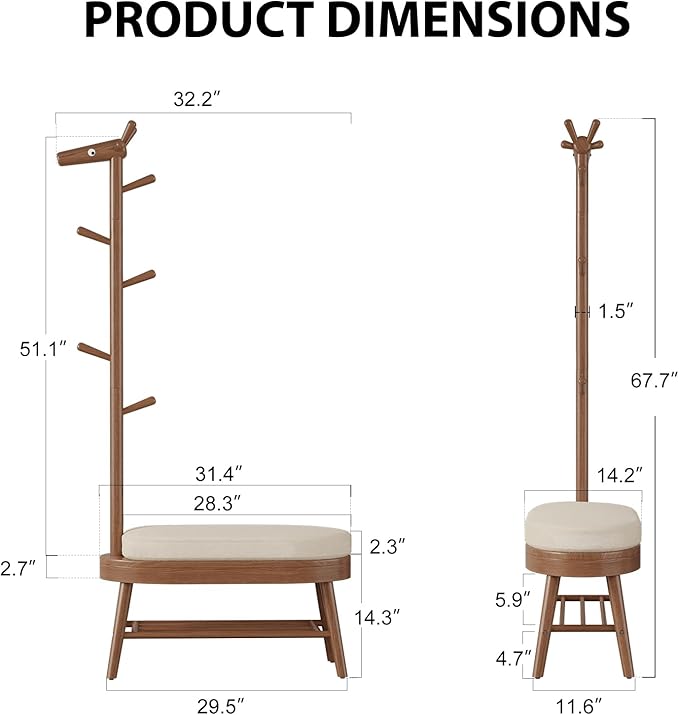 Shoe Bench Entryway,Coat Rack with Shoe Storage, Coat Rack and Shoe Rack, Wooden Narrow Shoe Bench（Walnut）