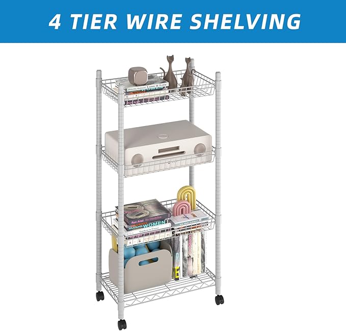 4 Tier Wire Shelving Wire Basket Shelf Storage Cart Adjustable Metal Shelf 2 Bottoms for Choose(Castor or Leveling Feet) for Office,Kitchen,Bedroom,Silver(23.23" L x 13.11" W x 49.21" H)
