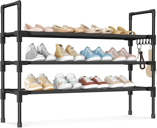 3 Tier Shoe Rack, Shoe Organizer Storage for 16-20 Pair Boot and Sneaker, Stackable Free Standing Shoe Shelf with Hooks and Side Pocket, Space Saving Shoes Rack for Closet, Entryway-NeatNest