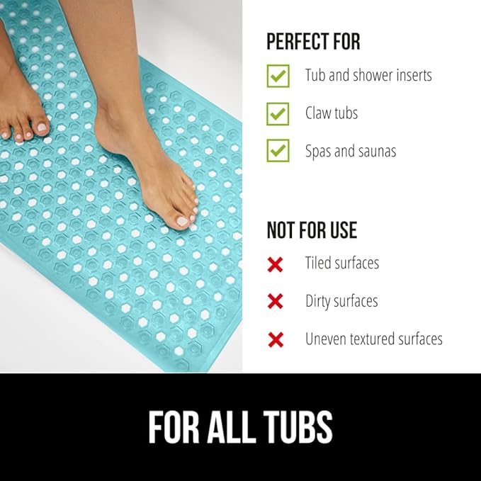 GORILLA GRIP Patented Bath Tub Shower Mat, Machine Washable Bathtub Floor Liner Mats, Suction Cups and Drain Holes to Keep Tubs Clean, Soft on Feet, Bathroom Essentials, 35x16 Inch, Clear Turquoise-NeatNest