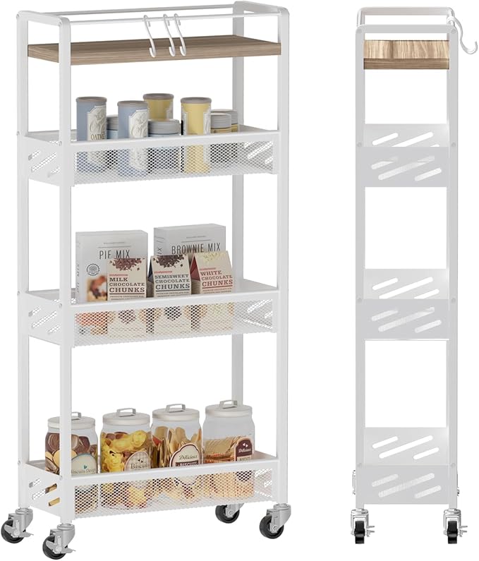DGSNADGO Slim Rolling Storage Cart, 4-Tier Kitchen Cart on Wheels, Narrow Utility Cart with Handle and Wooden Tabletop for Small Space in Kitchen, Living Room, Bathroom, Laundry Room, Beige and White