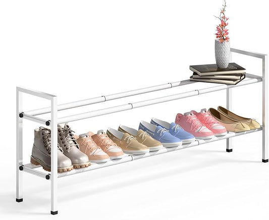 Bumusty 2-Tier Long Expandable Shoe Rack for Closet, 18"-44" Adjustable Shoe Rack for Entryway, 10-12 Pairs Large Shoe Organizer Shelf Storage, Sturdy Metal, White-NeatNest