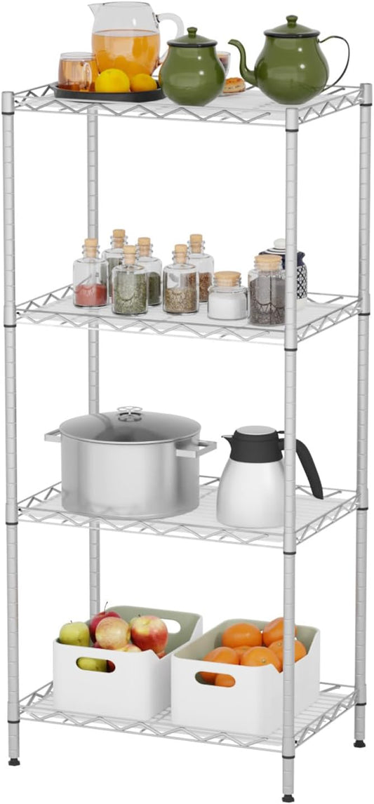 4-Tier Wire Shelving Unit 600 lbs Weight Capacity Storage Shelves Metal Frame Garage Shelves Easy Installation Metal Shelves for Home Kitchen Garage Pantry, 12" Dx18 Wx44 H, Chrome