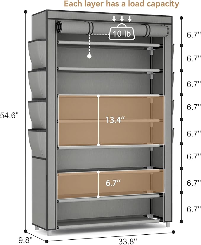 Shoe Rack with Cover, 8 Tier Tall Shoe Organizer Storage for 36-45 Pair Shoes and Boots Large Shoe Storage Shelf Free Standing Shoe Rack for Closet, Front Door Entrance, Dorm, Garage, Grey-NeatNest
