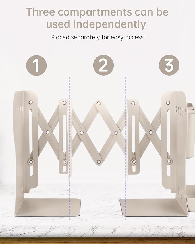 Honagu Adjustable Bookends, Metal Book Ends for Shelves Heavy Book, Desk Magazine File Organizer for Home, Office, Books, Papers with Removable Hook, Pen Holder（Milky White）