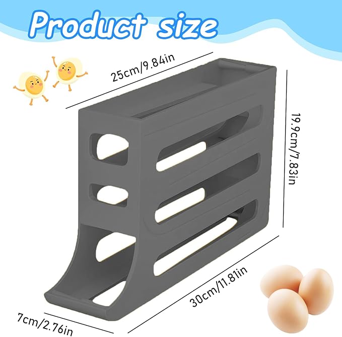 Egg Holder for Fridge, 4 Tiers Dispenser, 30 Egg Container Refrigerator, Large Capacity Organizer Automatic Fridge Rolling Egg Container for Pantry Countertop (Grey)