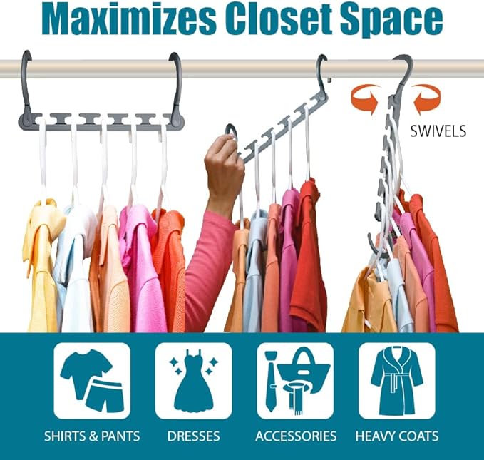 Wonder Hanger Max 20-Pack Space Saving Hangers, Reinforced Hooks Swivels 360°, Cascading Hanger, College Dorms & Storage Closet Organizer, Fully Assembled – Grey-NeatNest