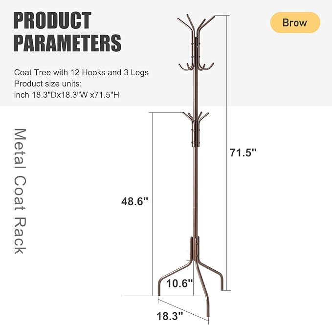 Coat Rack Freestanding,hat and coat rack stand for entryway,Living Room,Bedroom,Metal coat tree with12 Hooks and 3 Legs (Brown)-NeatNest