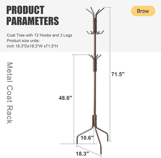 Coat Rack Freestanding,hat and coat rack stand for entryway,Living Room,Bedroom,Metal coat tree with12 Hooks and 3 Legs (Brown)-NeatNest