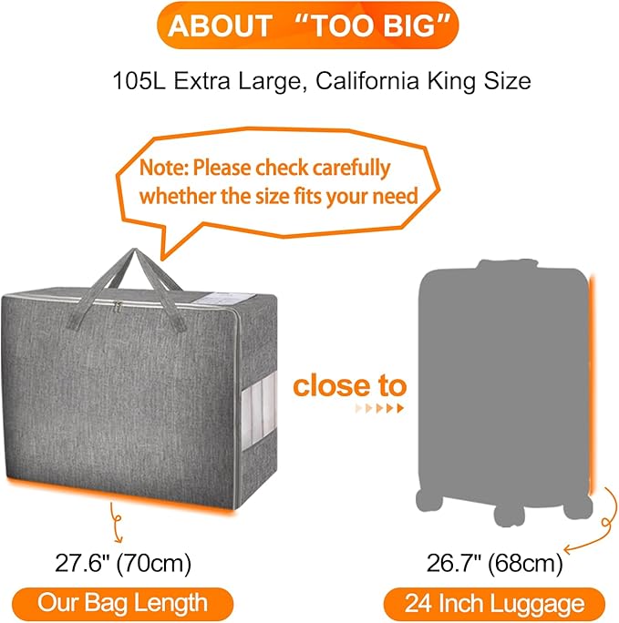 3 Pack 105L Comforter Storage Bags, Extra Large Bedding Storage Bags with Sturdy Zipper and Reinforced Handle, Clear Window, Moving Closet Organizers for Comforters and Blankets, Pillows-NeatNest