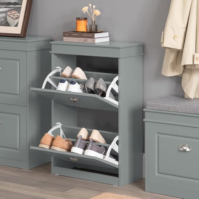 SoBuy Small Shoe Cabinet, Slim Shoe Rack 2 Flip-Drawers, Thin Shoe Storage Cupboard Organizer Unit for Entryway and Hallway, Grey FSR78-HG-NeatNest