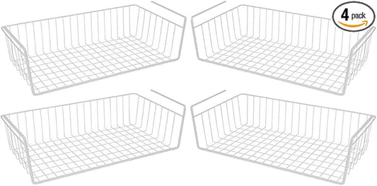 Under Shelf Wire Storage Baskets – Hanging Organizer Rack for Cabinet, Pantry, or Closet – White Metal Basket for Kitchen, Towels, or Office – No Tools Required (Set of 4 19")-NeatNest