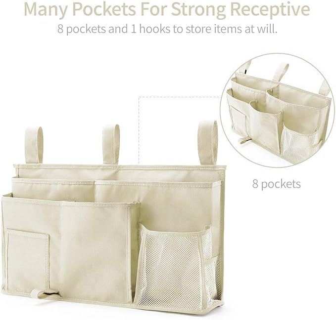 Bseash Bunk Bed Organizer, Bedside Caddy Hanging Bed Organizer Storage Bag 8 Pockets, for College Dorm Rooms Bed, Hospital Bed, Baby Bed Rails, 600D Oxford Cloth (Beige)-NeatNest