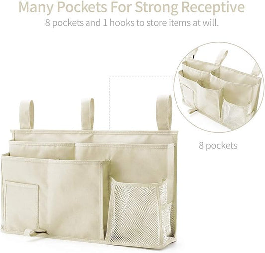Bseash Bunk Bed Organizer, Bedside Caddy Hanging Bed Organizer Storage Bag 8 Pockets, for College Dorm Rooms Bed, Hospital Bed, Baby Bed Rails, 600D Oxford Cloth (Beige)-NeatNest