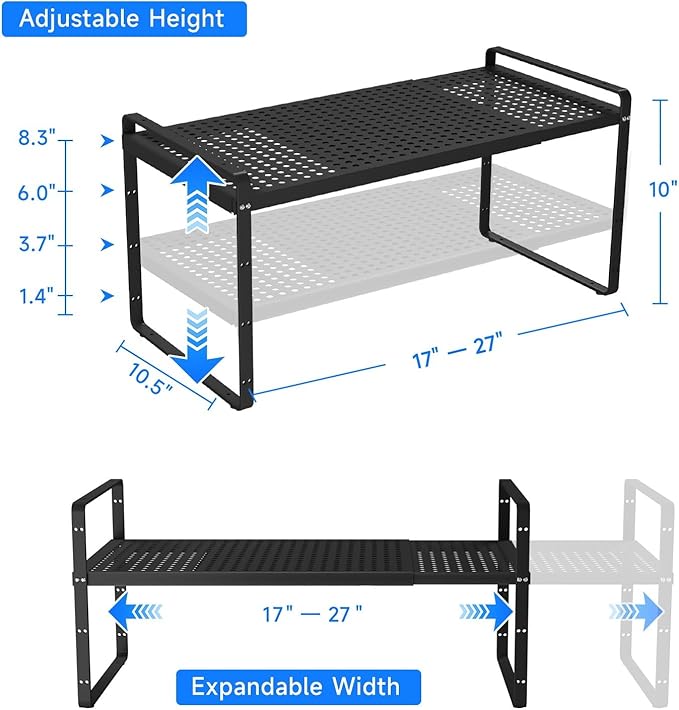 Expandable Cabinet Shelf Organizers, Kitchen Small Stand Rack Organization for Countertop Cupborad Pantry, Black 3 Pack-NeatNest