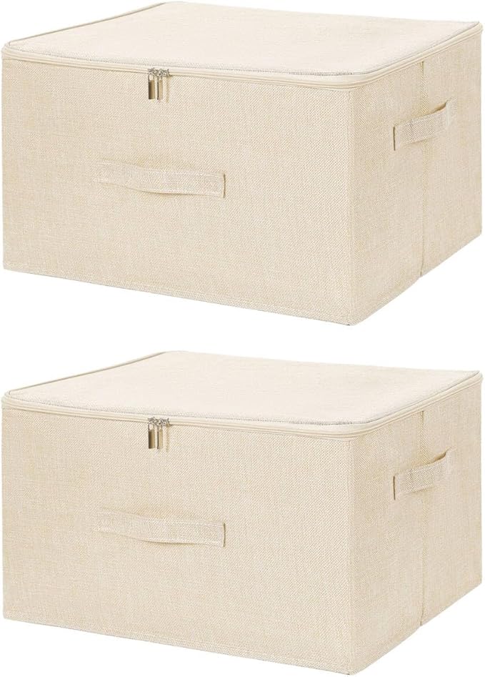 ANMINY 2PCS Storage Bins with Zipper Lids 51.9 Qt Lidded Fabric Storage Boxes Baskets Cubes with Handles Collapsible Washable Cotton Linen Closet Shelf Clothes Organizer - Beige, Extra Large-NeatNest
