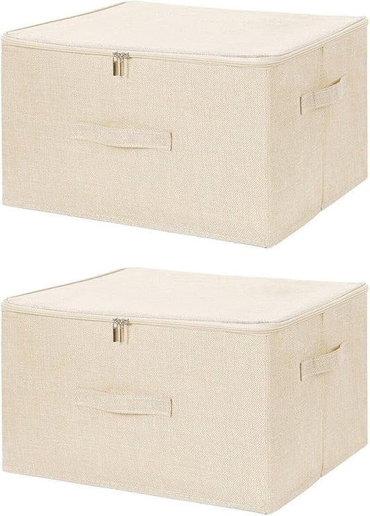 ANMINY 2PCS Storage Bins with Zipper Lids 51.9 Qt Lidded Fabric Storage Boxes Baskets Cubes with Handles Collapsible Washable Cotton Linen Closet Shelf Clothes Organizer - Beige, Extra Large-NeatNest