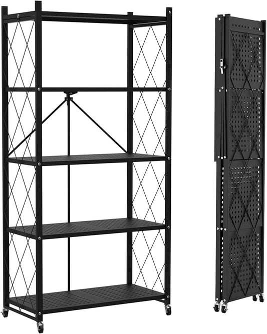 5-Tier Foldable Storage Shelf with Wheels – Heavy Duty Metal Collapsible Rolling Cart for, Closet, Office & Garage Storage Shelves Organization, No-Assembly Storage Shelf– Black Metal Shelf