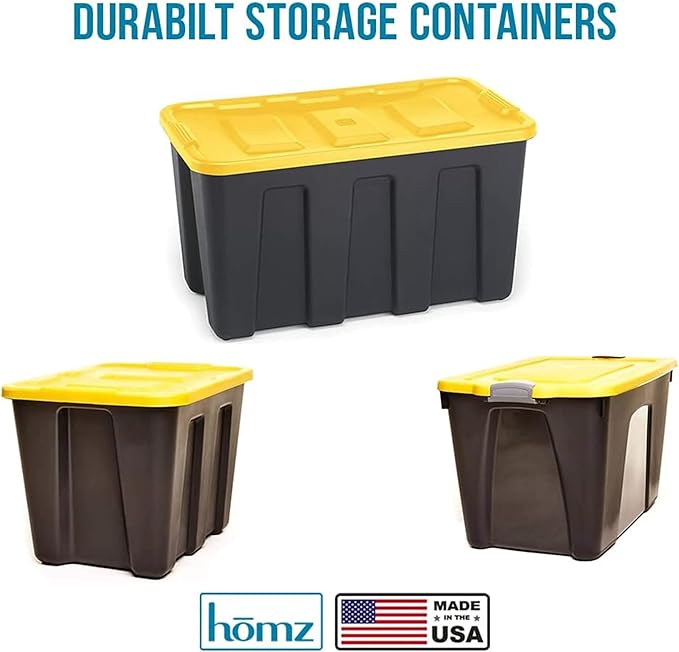 HOMZ 18 Gallon Durabilt Storage Bins, Pack of 4 Heavy Duty Plastic Containers, Secure Snap Lids, Break and Blemish Resistant, Stackable, Nestable, Organizing Totes, Black/Yellow