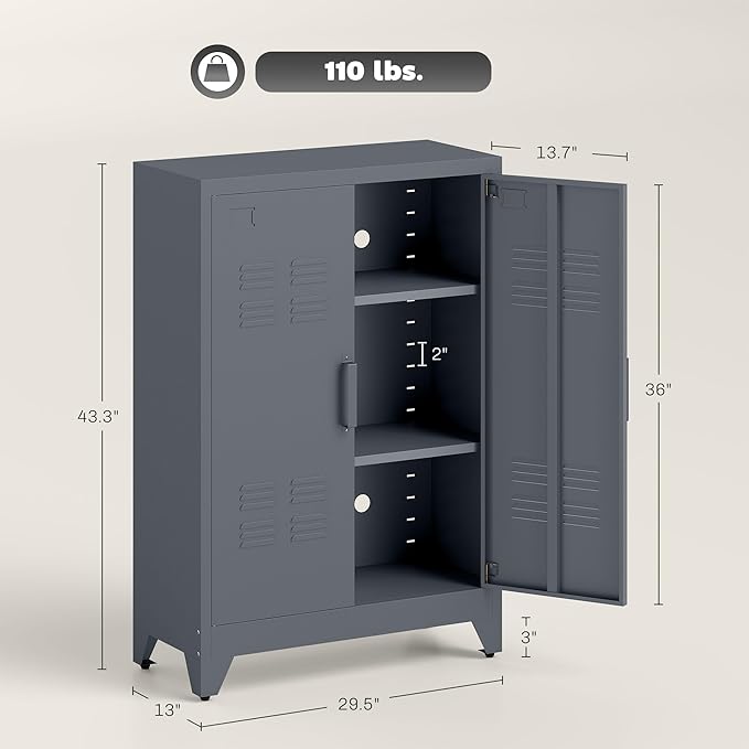 HOMCOM Industrial Storage Cabinet, Steel Garage Cabinet with Double Doors and Adjustable Shelves, Grey