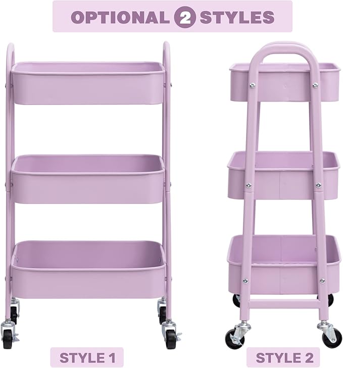 AGTEK Makeup Cart, Movable Rolling Organizer Cart, 3 Tier Metal Utility Cart with Lockable Wheels for Home & Office, Purple-NeatNest
