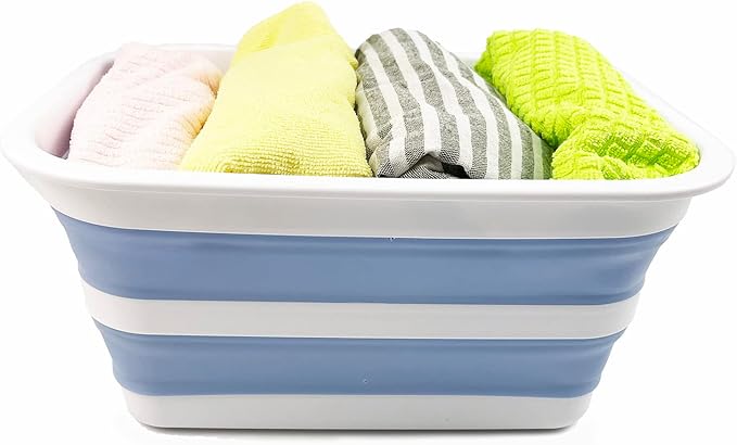 SAMMART 12L (3.17Gallon) Collapsible Tub - Portable Outdoor Picnic Tray - Portable Washing Basin - Space Saving Plastic Washtub (White/Baby Blue (Set of 2))