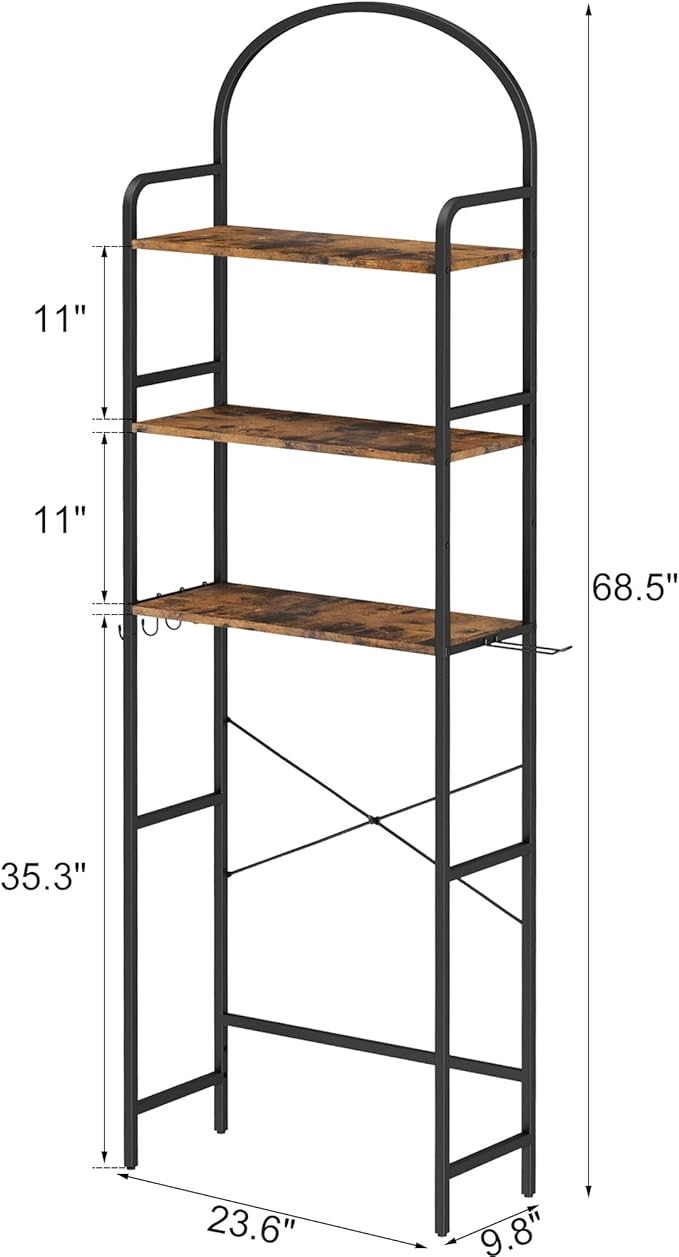 Homhedy 3-Tier Over The Toilet Storage with 4 Hooks and Paper Holder, Space Saving, Bathroom Organizer with Adjustable Feet, Metal Frame and Wooden Shelf,Rustic Brown and Black