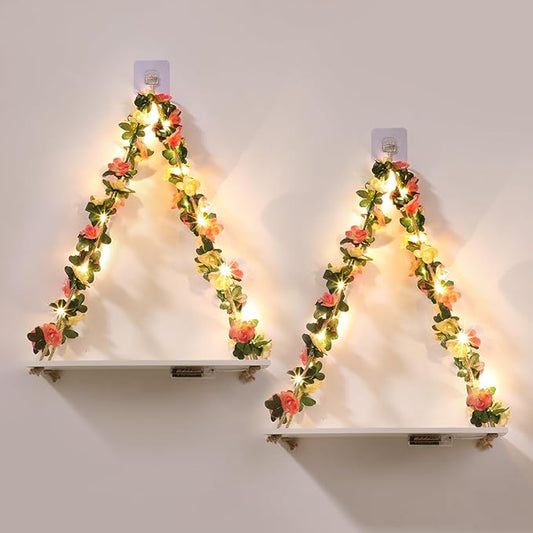Floating Shelves for Wall No Drilling,Wall Dcorations Art,Hanging Shelf,Leaves and Light Strip with Flower,Set of 2 Plant Decor for Home House Livingroom Bedroom Officer,Boho Decor,Gifts for Woman-NeatNest