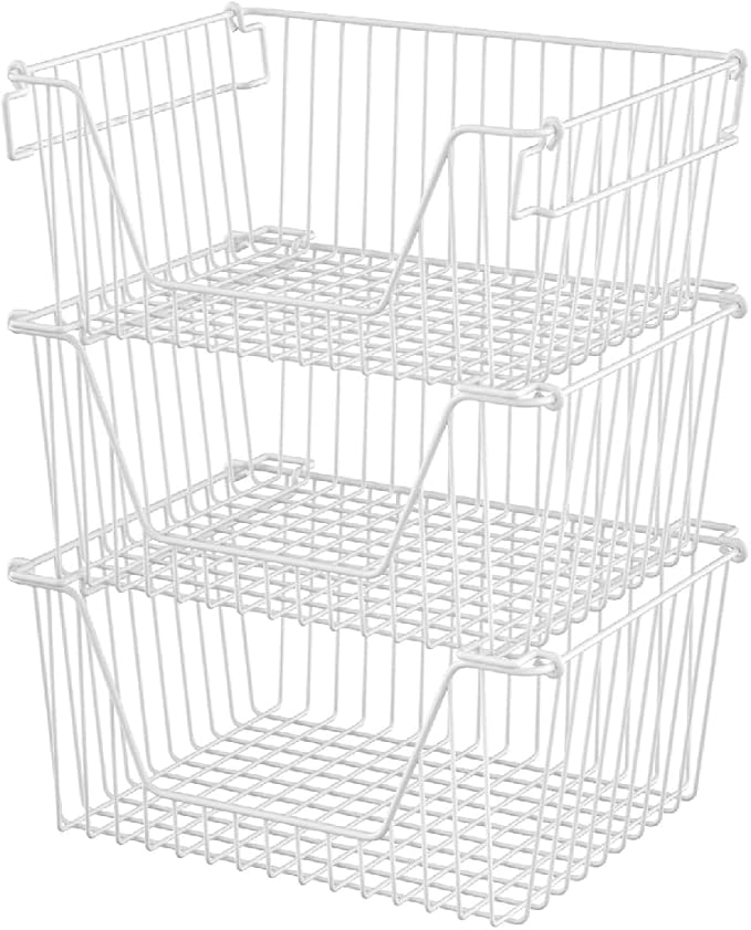 Slideep 14" Large Bin Baskets Stacking Baskets Sturdy Metal Wire Storage Baskets Organization with Handles for Pantry, Kitchen, Closets, Bathroom, Cabinets, Kitchen,White, Set of 3