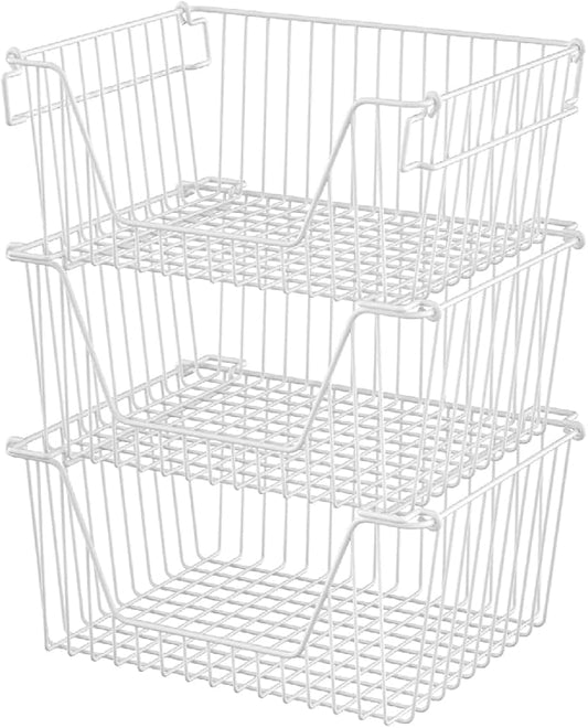 Slideep 14" Large Bin Baskets Stacking Baskets Sturdy Metal Wire Storage Baskets Organization with Handles for Pantry, Kitchen, Closets, Bathroom, Cabinets, Kitchen,White, Set of 3