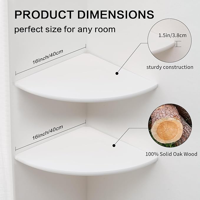 Corner Wall Shelves, White Floating Corner Shelf, Set of 2 16inch Solid Oak Wood Shelves, Round End Wall Mount Display Shelf with Wire Hole for Small Plant for Bedroom Kitchen, Living Room-NeatNest