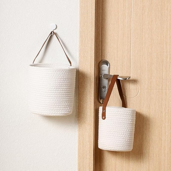 2 pack small Rope Hanging Baskets for sunglasses, Wall Storage Basket for Home Bedroom kitchen,Round Woven Basket Wall Decor for Plant Home Decor