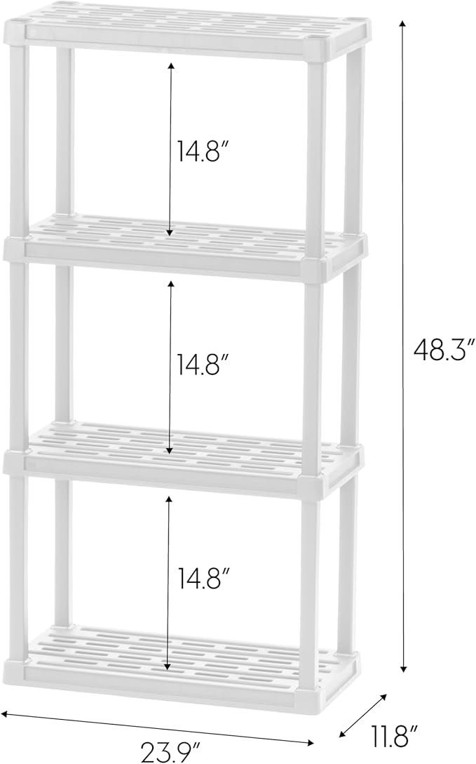 IRIS USA 4-Shelf Light Duty Plastic Storage Shelves, 200lb Capacity, 48" H x 24" W x 12" D, Medium Modular Shelving Unit Storage Organizer for Bathroom, Laundry, Garage & Home, Storage Rack - White