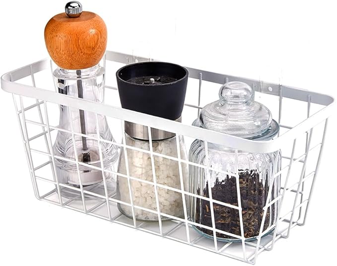 2 Set LeleCAT Hanging Wall Basket Organizer, Over the Cabinet Door Adhesive Wire Baskets for Organizing Kitchen Food Pantry Bathroom Shelf Storage No Drilling Wall Mounted,White-NeatNest