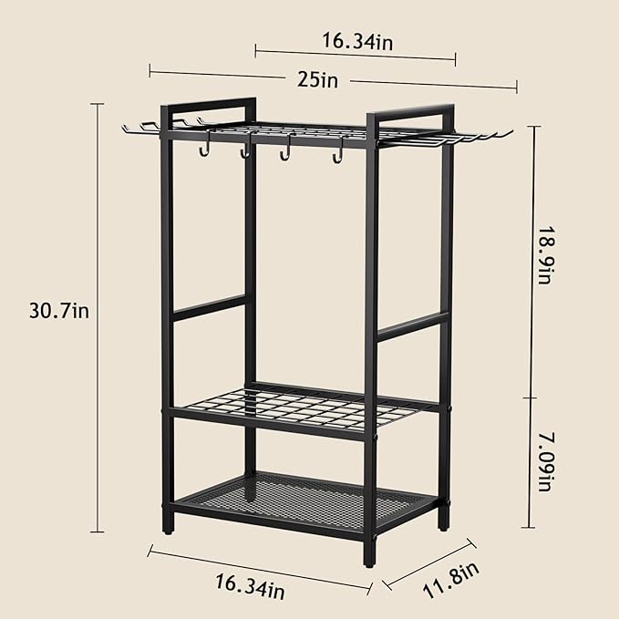 Garden Garage Tool Organizer - Yard Tool Organizer for Garage with 4 Hooks, Heavy duty Steel Garden Tool Rack Holds up to 48 Long Handled Yard tools for Storage