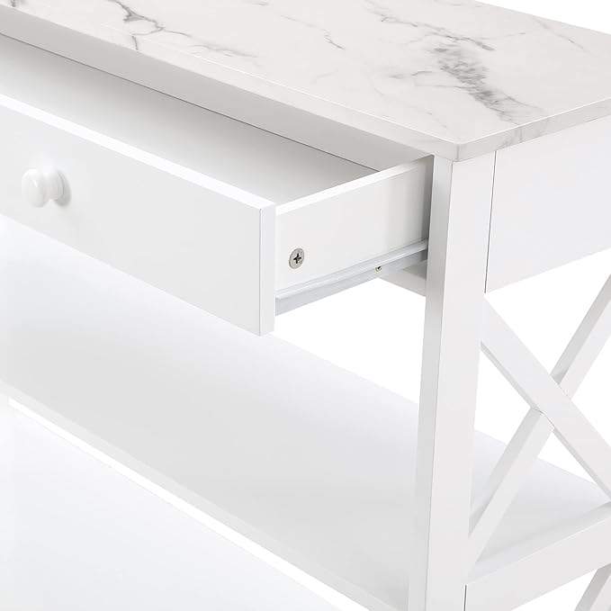 Convenience Concepts Oxford 1 Drawer Console Table with Shelves, White Faux Marble/White-NeatNest